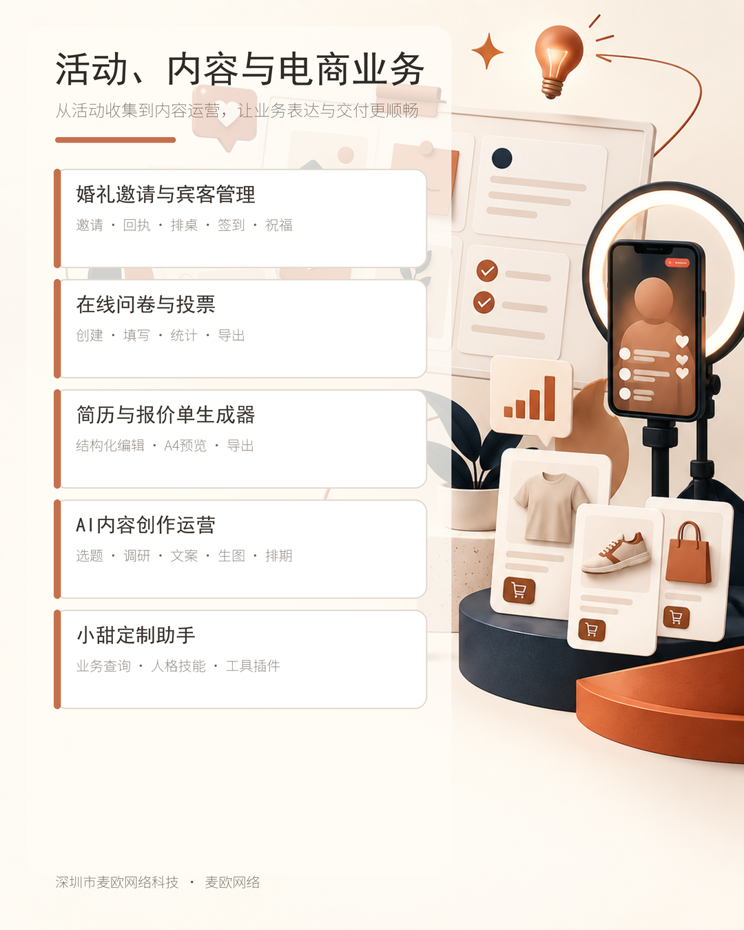活动内容与电商业务板块海报：婚礼邀请与宾客管理、在线问卷与投票、简历与报价单生成器、AI内容创作运营、小甜定制助手